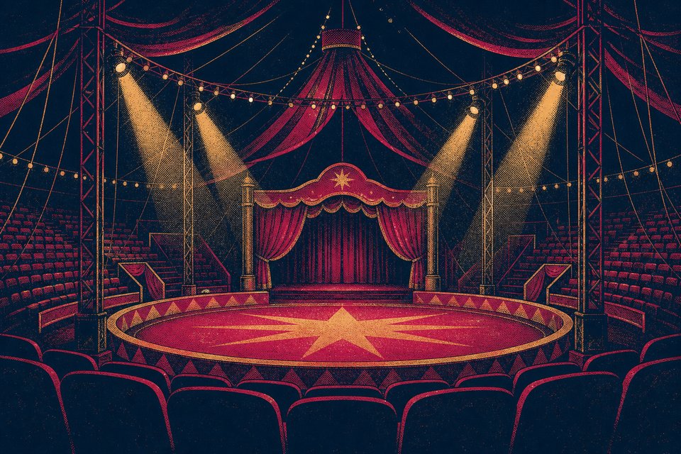 Illustration of an empty circus ring seen from tiered seating with rigging overhead