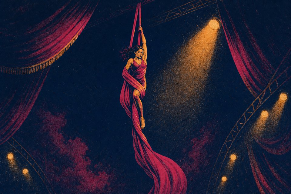 Illustration of an aerial silks artist wrapped in long fabric descending from high rigging