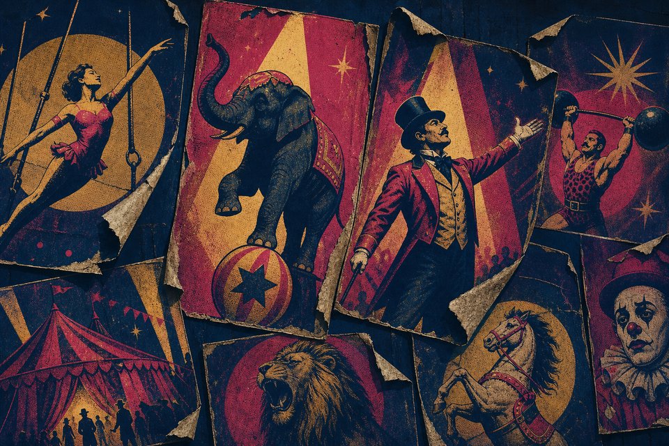 Illustration of a wall of overlapping pasted circus bills, weathered and peeling