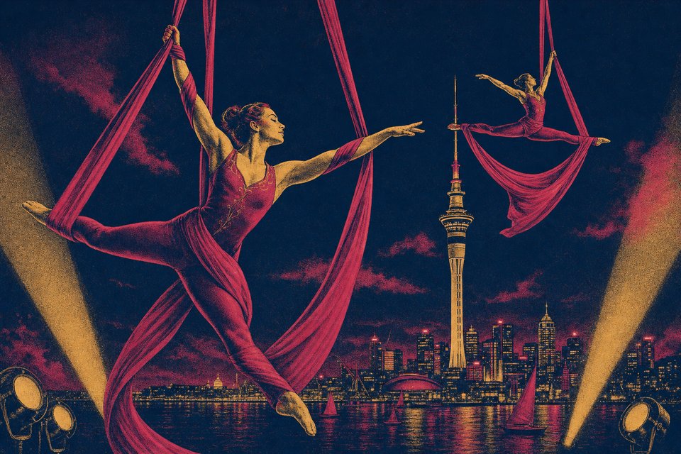 Illustration of aerial silk performers suspended above a harbour city skyline at night
