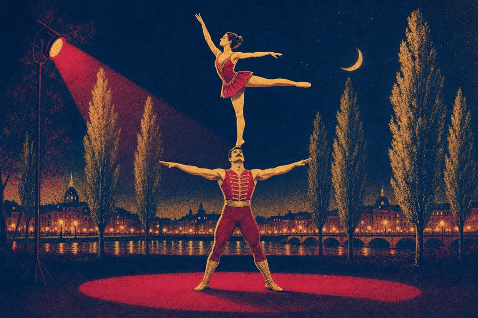 Illustration of two acrobats balancing in a flat garden-city park with poplar trees and a river