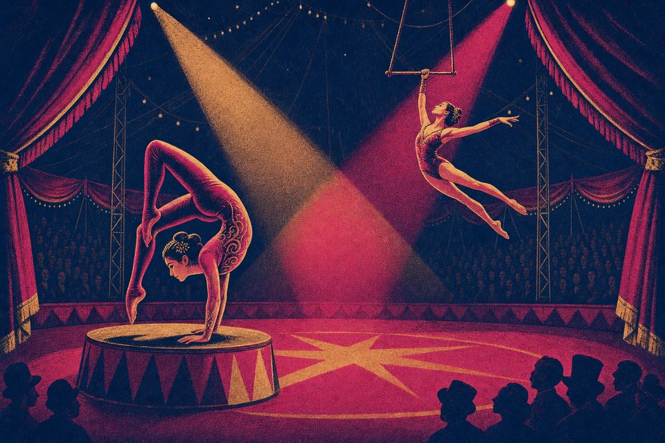 Illustration of a contemporary circus stage tableau under crossed spotlight beams in a grand tent