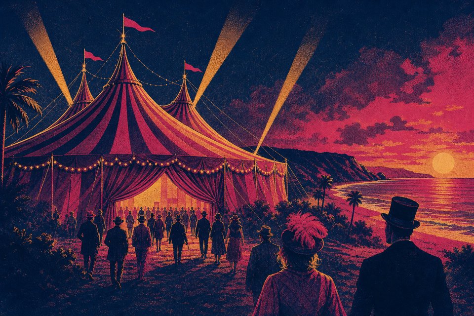 Illustration of a touring grand chapiteau tent pitched beside a coastline at dusk