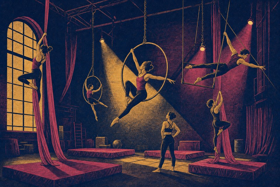 Illustration of a training hall with hanging aerial hoops and crash mats, figures practising