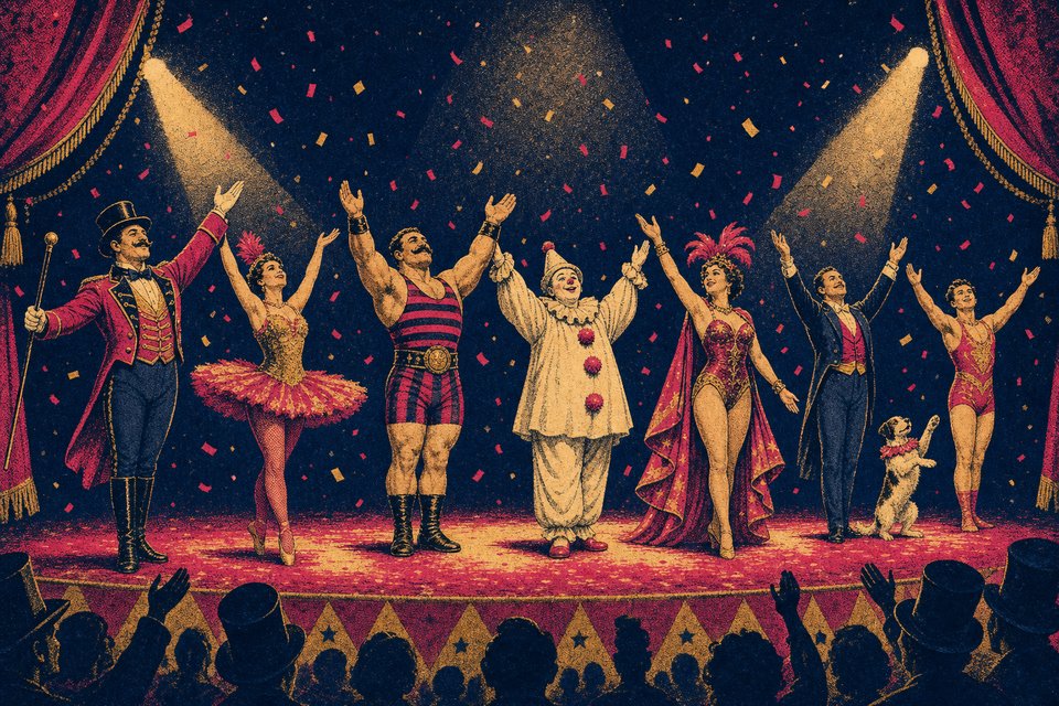 Illustration of a troupe of performers taking a curtain-call bow with confetti falling