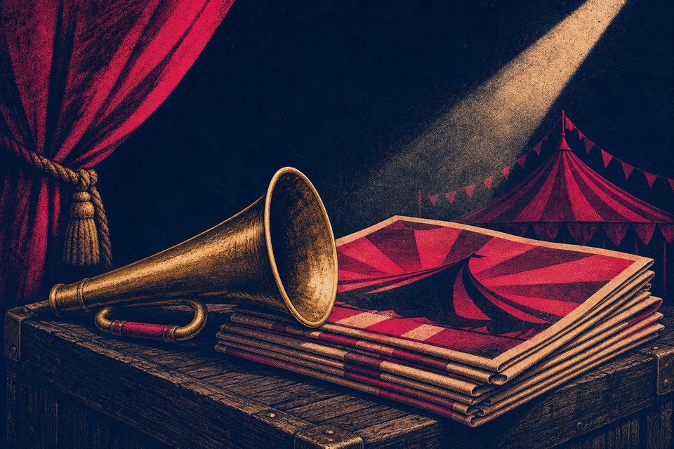 Illustration of a ringmaster's speaking trumpet and folded posters on a wooden crate