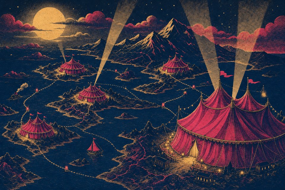 Illustration of big-top tents scattered across a stylised map of islands and mountains