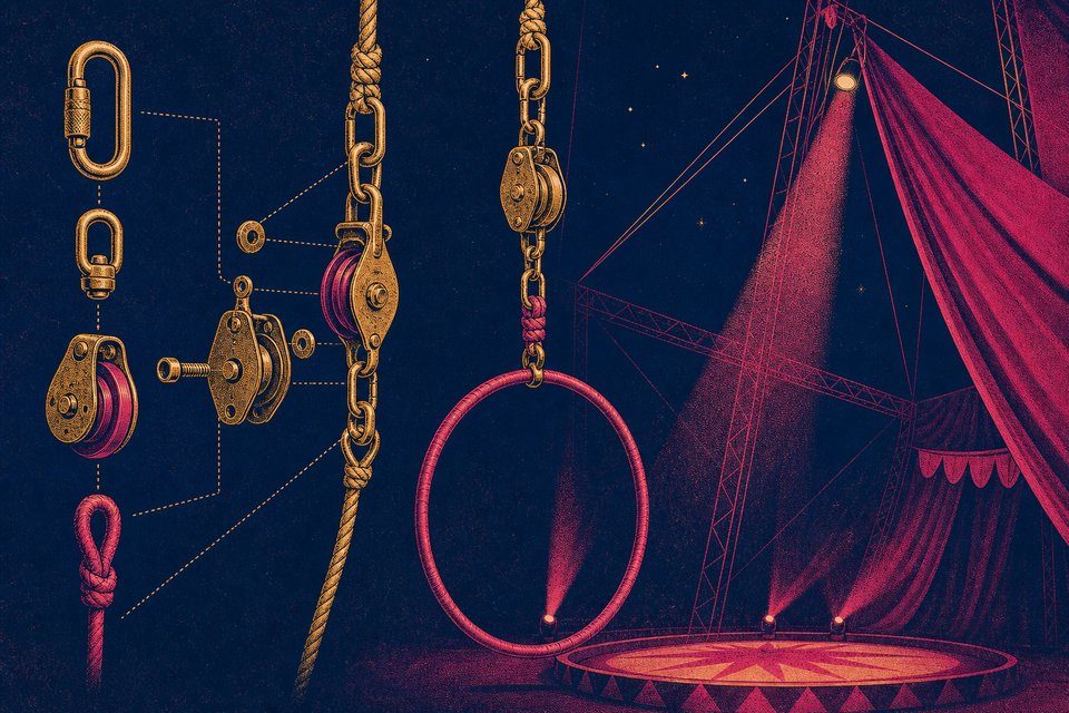 Illustration of an exploded technical diagram of circus rigging with carabiners and a lyra hoop