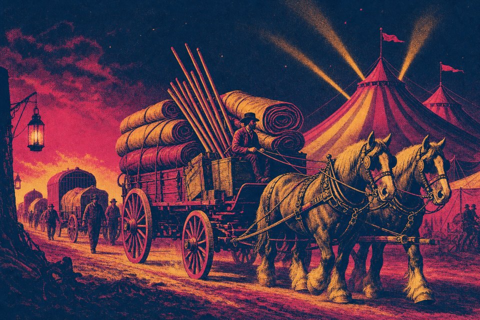 Illustration of a horse-drawn circus wagon procession with tent poles and rolled canvas