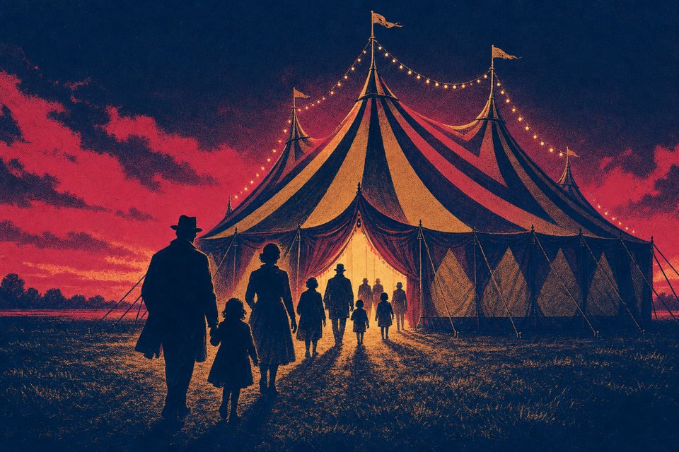 Illustration of a big-top tent at dusk with figures walking toward the lit entrance