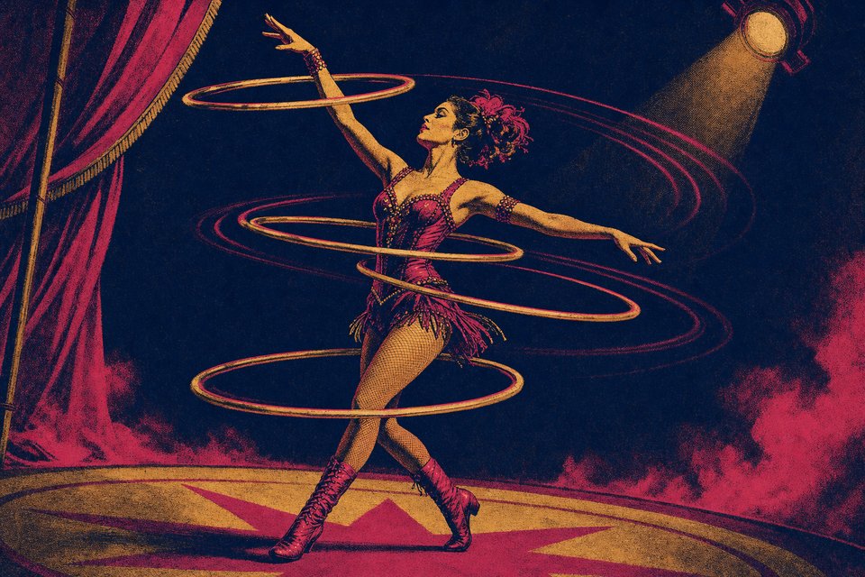 Illustration of a hoop artist mid-spin with several rings orbiting the body