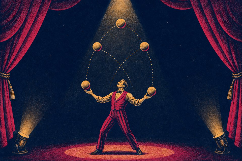 Illustration of a juggler under a spotlight with five balls frozen in a cascade arc