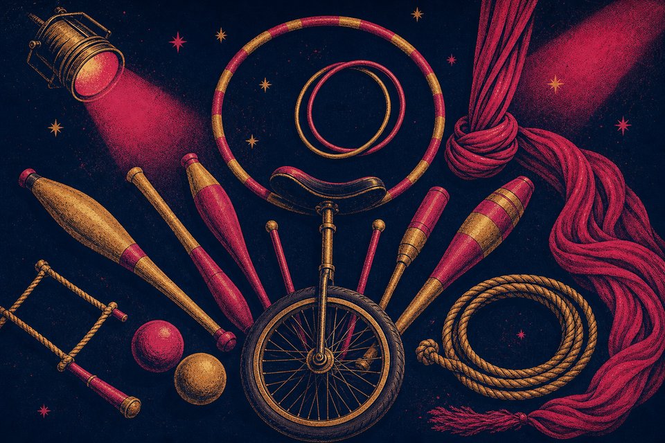 Illustration of circus apparatus arranged in a radial fan — hoops, clubs, a wheel and coiled silks