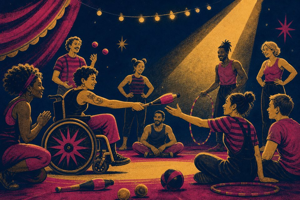 Illustration of a mixed-ability community workshop circle passing a juggling club