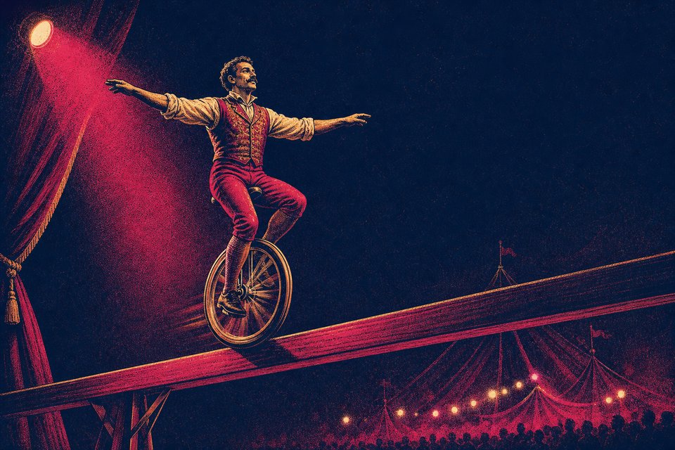 Illustration of a unicyclist riding a raised beam with arms outstretched for balance