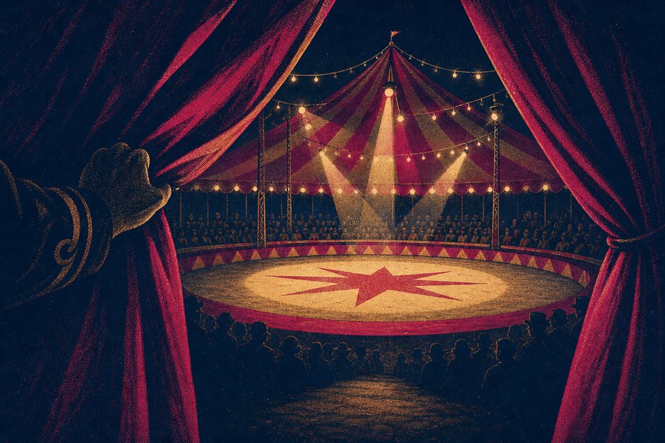 Illustration of a tent flap drawn open from inside revealing a lit ring beyond