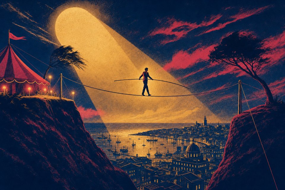 Illustration of a tightrope walker crossing between two hills above a steep harbour city